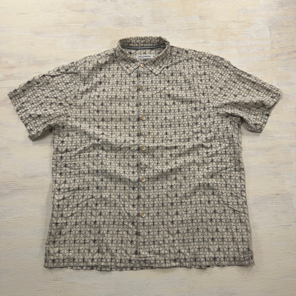 Tommy Bahama Button Down Shirt L 100% Silk Geometric Starburst Grey Mens